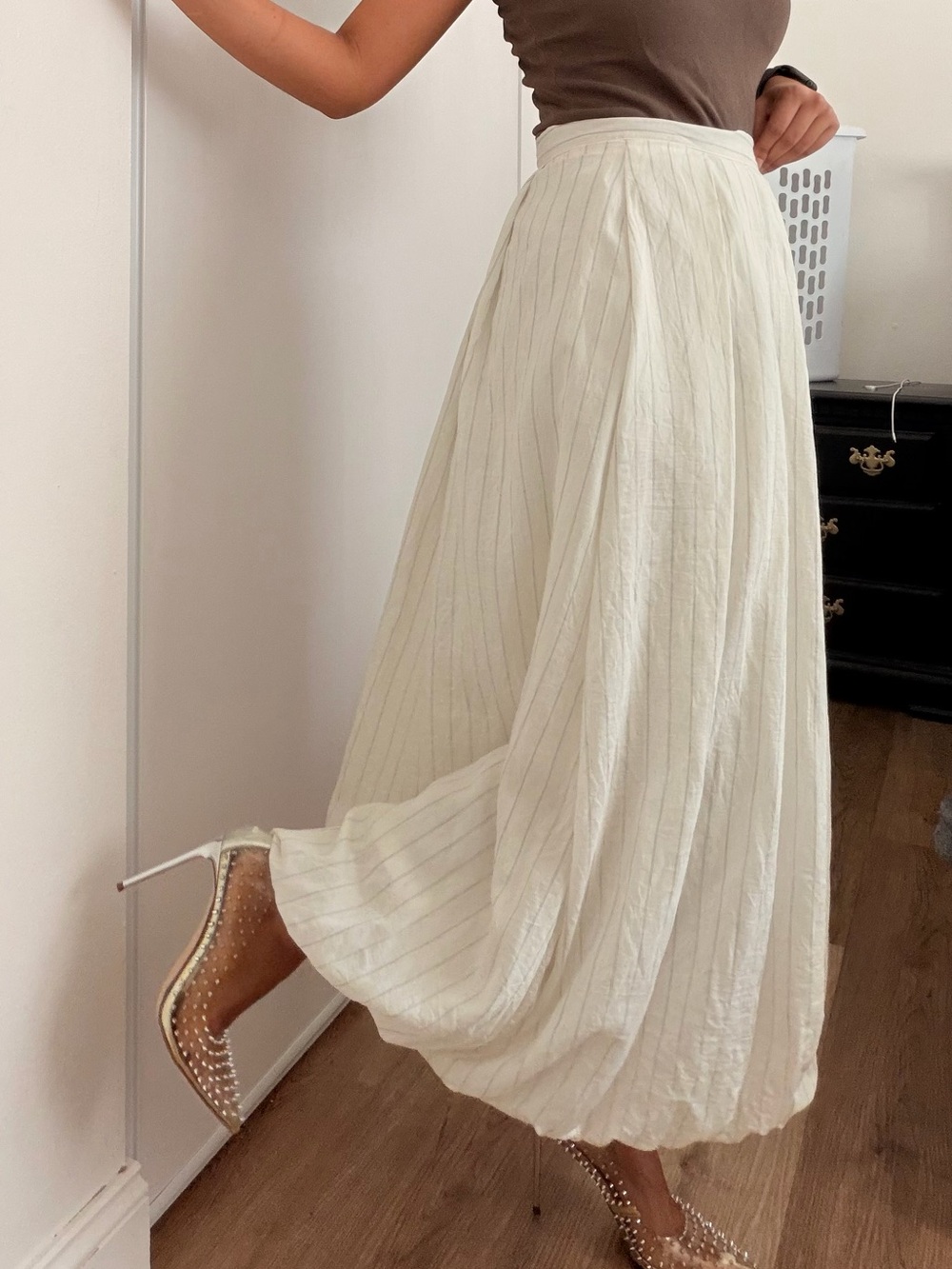 Lalavon Ivory Pinstripe Bubble Maxi Skirt - Size L